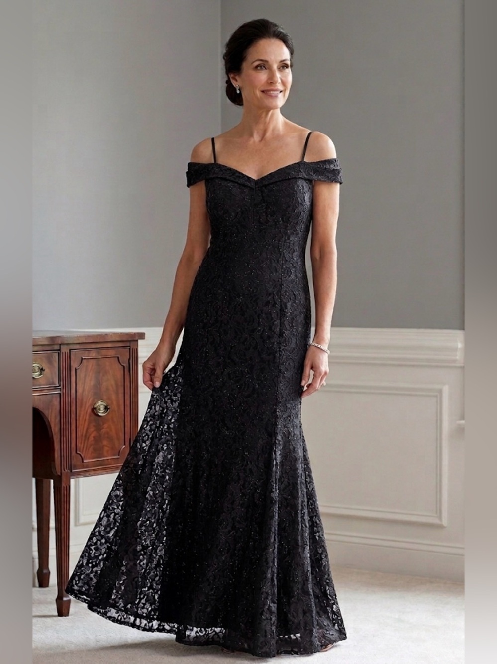 R & M Richards Sparkly Black Off the Shoulder Lace Evening Dress Gown